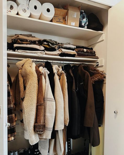 NYC coat closet before & after 🤍 Winter Coat Closet Organization, Aesthetic Closet, Coat Closet Organization, Shoes Closet, Coat Closet, Coat Shoes, July 3, Shoe Closet, Winter Coats