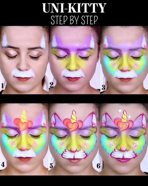 Unicorn Cat Face Paint, Rainbow Cat Face Paint, Face Painting Step By Step Easy, Kawaii Face Paint, How To Face Paint Step By Step, Face Painting Step By Step, Step By Step Face Painting, Face Paint Step By Step, Cat Face Paint