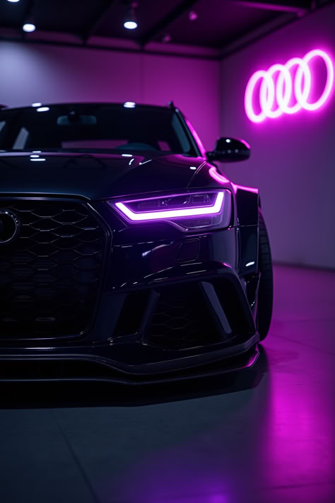 black audi rs6 station wagon, parked in a dim lit clean fancy luxury empty showroom with purple lighting. purple led headlights on, neon audi logo sign in the background Audi R8 Purple Wallpaper, Black And Purple Car, Audi Background, Audi Rs6 Black, Purple Audi, Audi Aesthetic, Audi R8 Sport, J Cole Lyrics, Blue Headlights