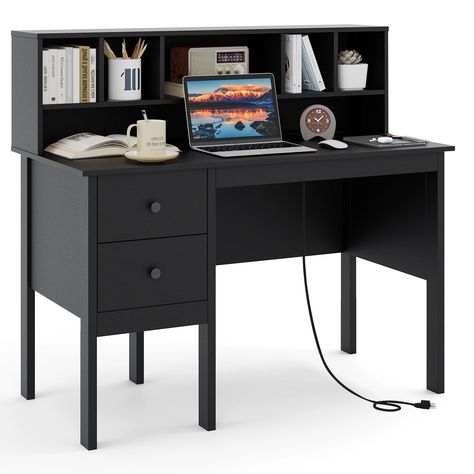 PRICES MAY VARY. [Desktop with Charging Station] This computer desk comes with a built-in charging station that includes 2 AC outlets, 2 USB ports and 1 Type-C for easy charging of your cell phone, computer and other electronic devices, avoiding the hassle of using messy extension cords. [Ample Storage Space] Designed with a 48'' spacious desktop, 2 large drawers and 5 open storage compartments, this home office desk provides you with plenty of space to store your laptop, books, files and orname Pre Teen Boys Desk, Boys Room Desk Ideas, Boys Desk In Bedroom, Teen Boy Desk, Black Study Desk, Computer Desk In Bedroom, Black Desks, Goth Desk, Young Mans Bedroom