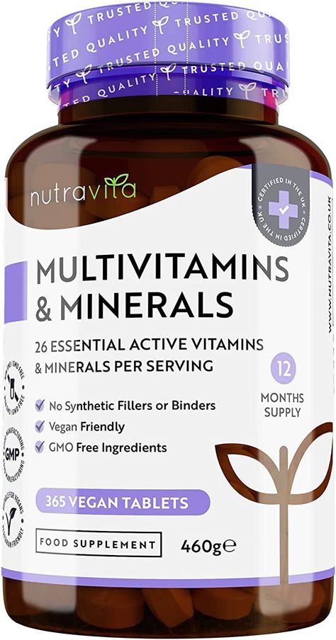 Multivitamins & Minerals - 365 Vegan Multivitamin Tablets - 1 Year Supply - Multivitamin Tablets for Men and Women with 26 Essential Active Vitamins & Minerals - Made in The UK by Nutravita Multivitamin For Women, Multivitamin Tablets, Multivitamin Supplements, Pantothenic Acid, Vitamins For Women, Vitamin K, Vitamin D3, Vitamin B12, Diet Supplements