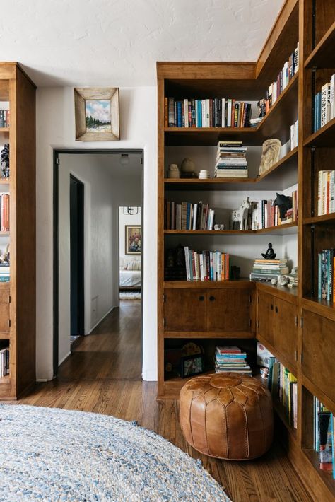 Greg and Christy Billock's Beautiful Bohemian LA Home Tour Painted Interior Door, Cool Secret Rooms, Bold Paint Colors, Dark Paint Colors, Library Inspiration, Etagere Design, Unique Flooring, Emily Henderson, Home Makeover