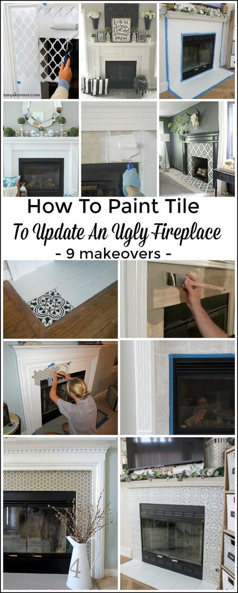 Are you tired of your ugly fireplace tile? Looking for easy DIY ways of painting fireplace tile and ways to update your fireplace? See these 9 beautiful DIY painted fireplace projects! #diy #paint #tile #fireplace #homedecor Painting Fireplace Tile, Paint Fireplace Tile, Painting Fireplace, Tile Around Fireplace, Painted Fireplace, Paint Tile, Fireplace Redo, Diy Fireplace Makeover, Fireplace Update