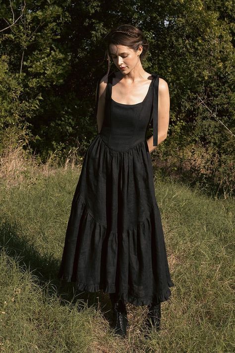 Mirabelle Dress in Black Linen -  #Black #Dress #Linen #Mirabelle Ribbon Straps Dress, Of Her Own Kind Dress, Witchy Green Dress, Whimsigoth Black Dress, Spring Black Tie Dress, Gothic Summer Dress, Black Cottage Core Dress, Cottagecore Outfits Black, Southern Gothic Dress