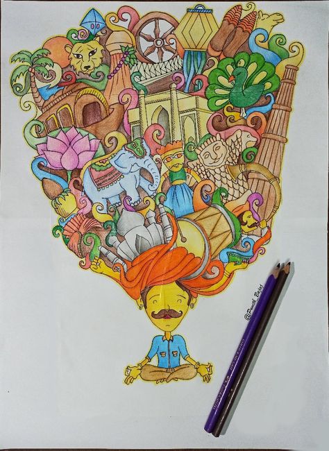 Heritage Of India Posters, Indian Culture Doodle Art, Drawing Of Indian Culture, India In 2047 Drawing, India Culture Drawings, India Illustration Doodles, Culture And Heritage Of India Drawing, India Doodle Art, Indian Heritage Drawing