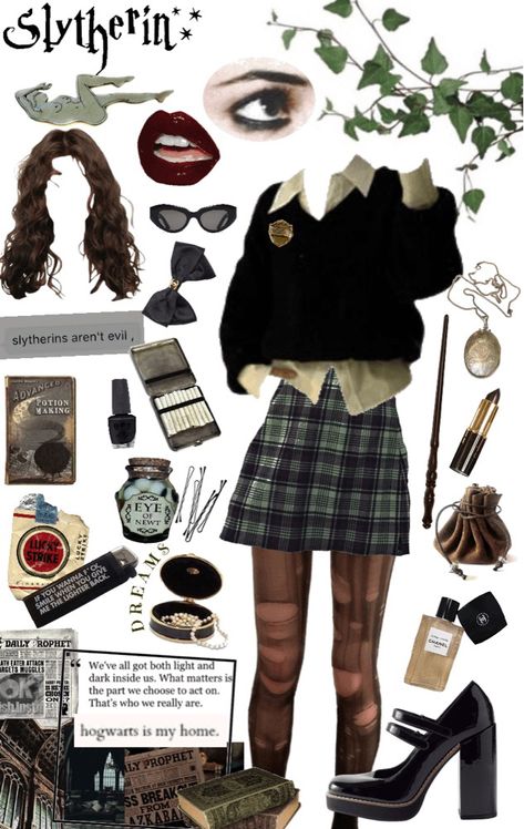 Slytherin Outfits For Universal, Edgy Slytherin Outfit, Soft Slytherin Aesthetic Clothes, Slytherin Casual Outfits, Slytherin Clothing Aesthetic, Slytherin Starter Pack, Slytherin Winter Outfits, Slytherin Outfit Summer, Slytherin Core Outfits