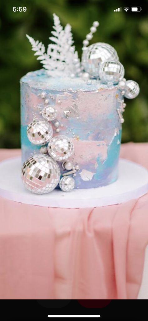 New Year’s Eve Birthday Cake, Nye Birthday Cake, Birthday Cake With Disco Ball, Cakes With Disco Balls, Iridescent Cake Ideas, Disco Ball Cupcakes, Iridescent Birthday Party, Disco Cake Ideas, Disco Ball Birthday Cake