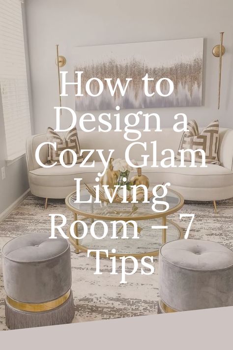 Create a seamless blend of glam and comfort in your living room. Select a centerpiece sofa in a rich, plush fabric, surrounded by elegant, glass-top coffee tables for a luxe feel. Introduce soft, layered lighting with chandeliers or ornate lamps. Accentuate with soft, opulent throws and pillows in velvet or faux fur. Choose a palette of deep, luxurious colors complemented by lighter, soothing tones, making your living room an ideal space for both relaxation and sophisticated entertainment. Cream Brown Gold Living Room, Glamorous Living Room Ideas, Cozy Glam Living Room Decor, Classy Decor Living Room, Glam Neutral Living Room, Casual Elegant Living Room, Simple Glam Living Room, Spa Inspired Living Room, Cream Decor Living Room