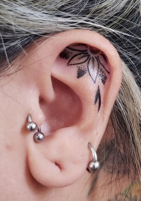 Womens Ear Tattoos, Lotus Flower Ear Tattoo, Inside Ear Tattoos For Women, Ear Cartilage Tattoo, Ear Tattoo Ideas Female, Floral Ear Tattoo, Back Of The Ear Tattoos For Women, Inner Ear Tattoos For Women, Small Ear Tattoos For Women