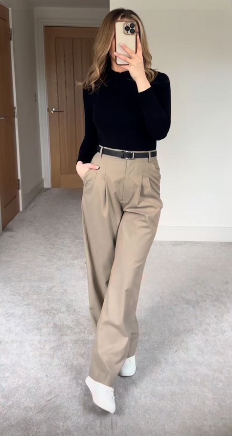 Offical Style Woman, Formal And Casual Outfits For Women, Titas Of Manila Outfit, Stylish Basic Outfits, Smart Casual For Petite Women, White Shoes Office Outfit, Beige Trousers Black Top, Chic Everyday Outfits Minimal Classic, Classy Sneaker Outfits Women