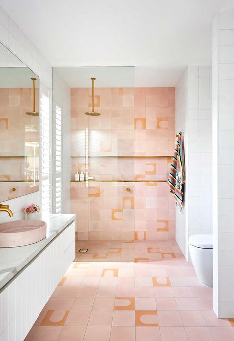 Orange Bathrooms, Pink Tiles, Encaustic Tile, Modern Beach House, Modern Beach, Australian Homes, House Bathroom, White Bathroom, House Inspo