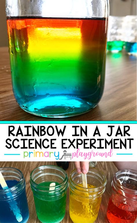 Rainbow In A Jar Science Experiment - Primary Playground Science Rainbow Experiments, Grow A Rainbow, Kids Science Fair Projects, Primary Playground, Rainbow In A Jar, Vetenskapliga Experiment, Rainbow Science, Spring Science, Preschool Science Activities