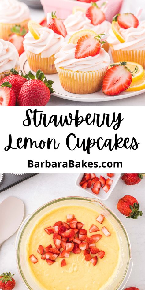 Lemon Strawberry Cupcakes From Box Cake, Lemon And Strawberry Cupcakes, Lemon Strawberry Cupcakes, Splash Cupcakes, Summer Themed Desserts, Money Cupcakes, Strawberry Cream Cheese Icing, Strawberry Lemonade Cupcakes, Strawberry Lemon Cake