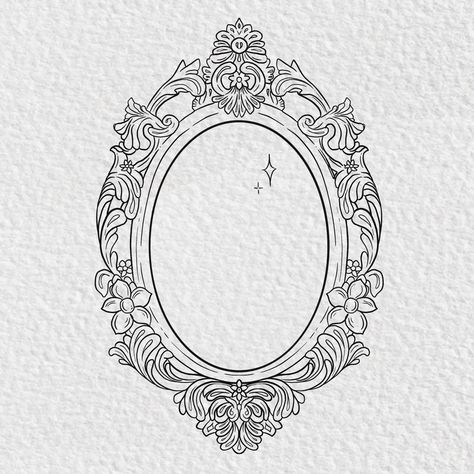 Beautiful ornate mirror tattoo artwork vintage drawing Vintage Mirror Frame Drawing, Vintage Mirrors Drawing, Mirror Fine Line Tattoo, Ornate Picture Frame Tattoo, Old Picture Frame Tattoo, Gilded Frame Tattoo, Scrying Mirror Tattoo, Vintage Hand Mirror Drawing, Antique Mirror Drawing