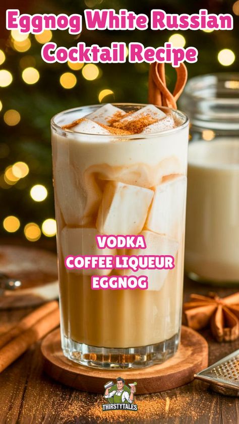 "Indulge in the festive flavors of the Eggnog White Russian Cocktail! This delightful twist on the classic White Russian recipe combines creamy homemade eggnog with rich vodka and coffee liqueur. Perfect for holiday gatherings, this Eggnog cocktail is sure to impress your guests. Discover easy White Russian recipes and elevate your holiday celebrations with this delicious Egg Nog drink. Cheers to a cozy winter with the ultimate Eggnog White Russian!" Egg Nog Shake Recipe, Egg Nog Recipe Alcoholic, Alcohol Eggnog Drinks, Egg Nog Liqueur Recipes, Egg Nog White Russian Recipe, Dirty White Russian Recipe, Christmas White Russian Cocktail, Eggnog Mixed Drinks, Christmas Eggnog Cocktails