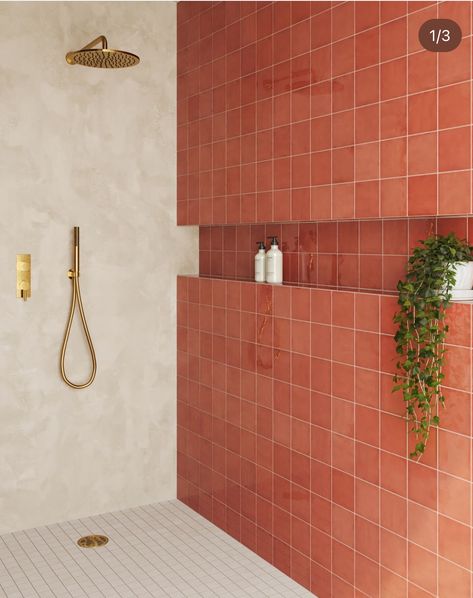 Coral Tiles Bathroom, Colored Tiles Bathroom, Mexican Bathroom Ideas Mexico, Color Pop Bathroom, Bathroom Ideas Terracotta, Modern Terracotta Bathroom, Salmon Tile Bathroom, Coral Tile Bathroom, Eclectic Modern Bathroom