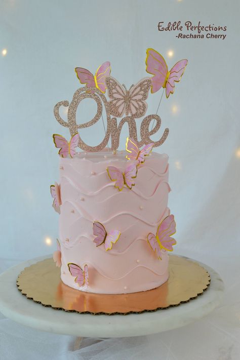 You'll receive one 5 inch wide cake topper. Butterfly Themed Birthday Party One Year Old, One Year Butterfly Party, Butterfly Cake One Year, Pastel Butterfly Cake 1st Birthday, Butterfly Cake For 1st Birthday, Pink White And Gold Butterfly Party, Cake Ideas For 1 Year Girl, Baby’s 1st Birthday Cake Ideas, Butterfly First Birthday Party Cake