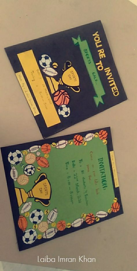 Sports Day Invitation, File Decoration Ideas Cover, Sports Day Decoration, Sports Cards Display, Sports Day Poster, Handmade Invitation Cards, File Decoration Ideas, School Board Decoration, Creative School Project Ideas