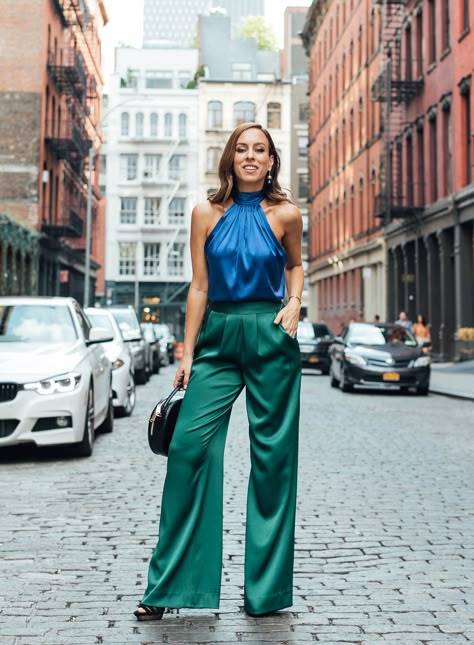 Sydne Style shows how to wear jewel tones in ramy brook navy top and emerald pants #colorblock #jeweltones #emerald #navy #silk @sydnesummer Jewel Tone Outfits, Blue And Green Outfit, Jewel Tones Fashion, Green Outfit Ideas, Outfit Ideas Korean, Outfit Combos, Ramy Brook, Track Suit, Pageant Dress