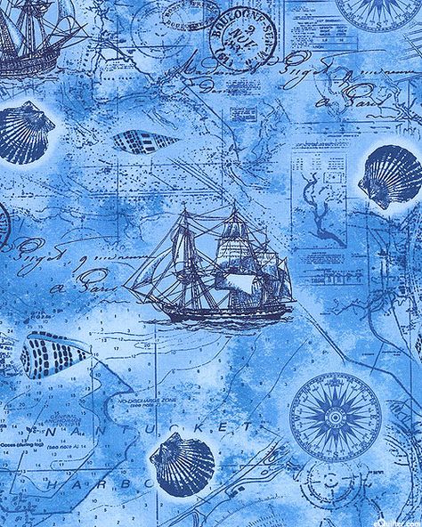 Nautical Mile - Misty Marina - Ocean Blue Maps Aesthetic, Nautical Aesthetic, Blue Seashell, Map Quilt, Navi A Vela, Map Making, Blue Map, Timeless Treasures Fabric, Quilt Fabrics