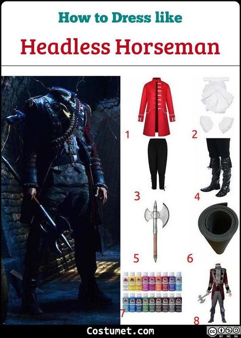 The Headless Horseman looks sinister yet regal in his mercenary uniform. He wears a typical colonial outfit consisting of a jacket, jabot, and cuffs. He is also armed with his axe.             #SleepyHollow #male #movies #scary #mercenary #creepy #illusion #SleepyHollow Headless Horseman Sleepy Hollow, Colonial Outfit, Headless Horseman Costume, Sleepy Hollow Headless Horseman, Movies Scary, Medieval Pants, Horror Costumes, The Headless Horseman, Easy Diy Costumes