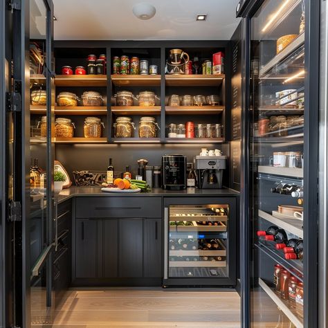 I want this one! #interiordesign #interior #interiordesigner #interiors #interiordecor #homedecor #interiordesigns #pantry #pantryorganization #pantrygoals Hidden Pantries, Pantry Aesthetic, King Bedroom Decor, Dark Pantry, Luxury Pantry, Black Pantry, Types Of Interior Design Styles, No Symbol, Simple Duvet Cover