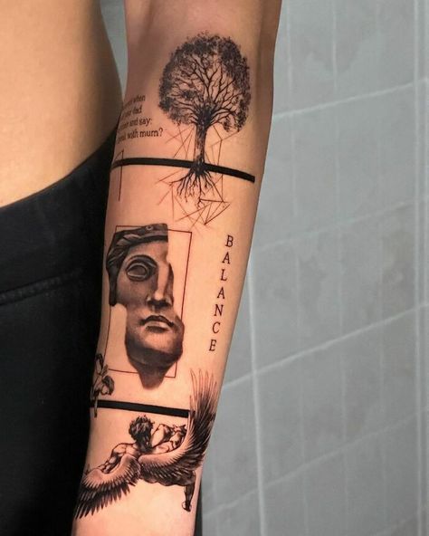 Aesthetic Forearm Patchwork Tattoos Patchwork Tattoo Ideas Forearm, Men’s Patchwork Forearm, Patchwork Word Tattoo, Forearm Patchwork Tattoo, Patchwork Tattoo Aesthetic, Be Here Now Tattoo, Patchwork Tattoos, Gladiator Tattoo, Patchwork Tattoo Ideas