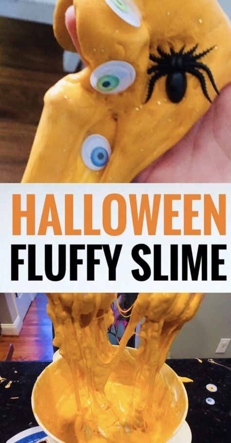 Fluffy Orange Halloween Slime is a fun craft to make with kids! This is an easy slime recipe and the googly eyes and spiders make it fun and spooky! #slime #slimerecipe #slimerecipeeasy #halloweenslime #halloweencrafts #halloweencraftsforkids #halloween Simple Slime Recipe, Spooky Slime, Halloween Slime, Halloween School Treats, Rainy Day Activity, Easy Slime Recipe, Craft To Make, Slime Party, Halloween Treats Easy