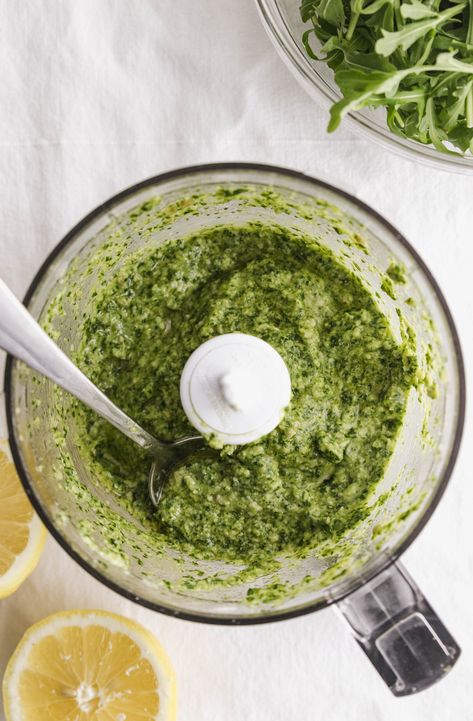 Arugula and Sunflower Seed Pesto Pesto Arugula Salad, Pesto Recipe With Sunflower Seeds, Pesto With Sunflower Seeds, Souse Recipe, Arugula Pesto Recipe, Lemon Pesto Lentil Salad, Sunflower Seed Recipes, Pesto Potatoes, Arugula Pesto