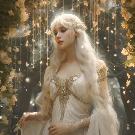 Amidst a magical garden, a portrait unfolds of a stunning elf woman with white hair, yellow eyes, and fair skin. She stands in the embrace of white pillars, radiating an ethereal presence. Her flowing white gown, adorned with golden patterns, gracefully drapes her slender frame. As the wind gently caresses her long white locks, they sway like silken threads, adding to her otherworldly allure. White Haired Goddess Art, White Hair Goddess, Princess With White Hair, White Haired Woman Art, White Haired Princess, White Hair Gold Eyes, White Haired Elf Female, Fantasy White Hair, Elf With White Hair