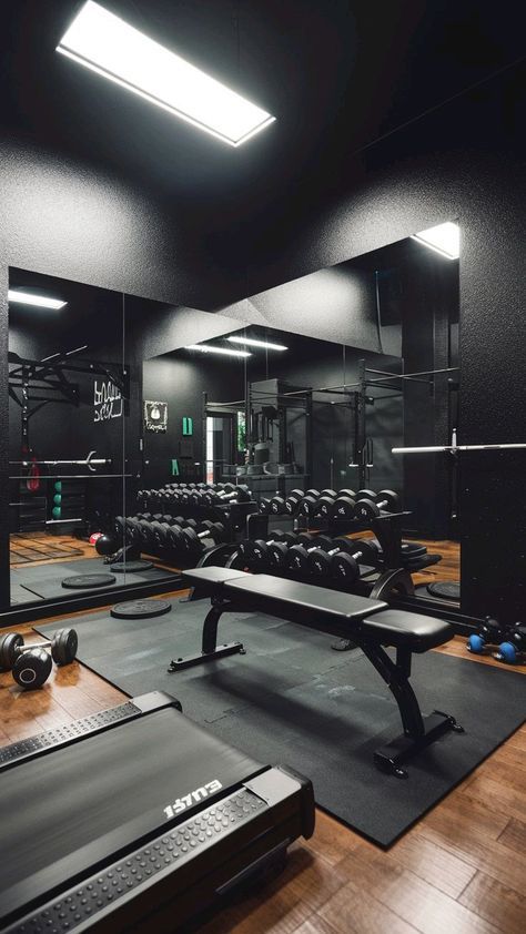 Fitness Aesthetic Gym Equipment, Black Home Gym Aesthetic, Black Gym Aesthetic, Modern Gym Interior Design, Gym Remodel, Aesthetic Home Gym, Equinox Gym, Commercial Gym Design, Fitness Center Design