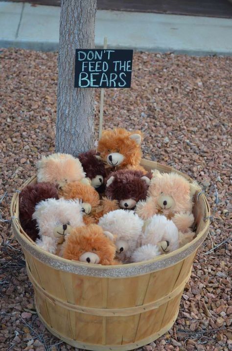 If you use stuffed animal reading buddies in your camping theme classroom, this would be a super cute way to store them! Don't feed the bears! (But do read with them! ;) Camping Birthday Party Favors, Camping Classroom Theme, Glamping Birthday Party, Camping Theme Birthday Party, Camping Theme Birthday, Glamping Birthday, Camping Classroom, Camping Theme Classroom, Glamping Party