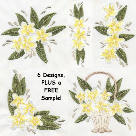 "Frangipani"  +FREE Sample! Frangipani is a delightfully fragrant, tropical flower that many find exotic and enchanting. This realistic floral set includes realistic designs of both the blossoms and foliage that you can combine to create lots of wonderful samples on decor, linens and even garments! Come get yours today! Plumeria Embroidery, Frangipani Embroidery, Orchid Flower Embroidery Pattern, Plumeria Cross Stitch, Orchid Embroidery Design, Embroidered Tropical Flowers, Janome Embroidery, Sewing Pattern Design, Future Wedding Plans