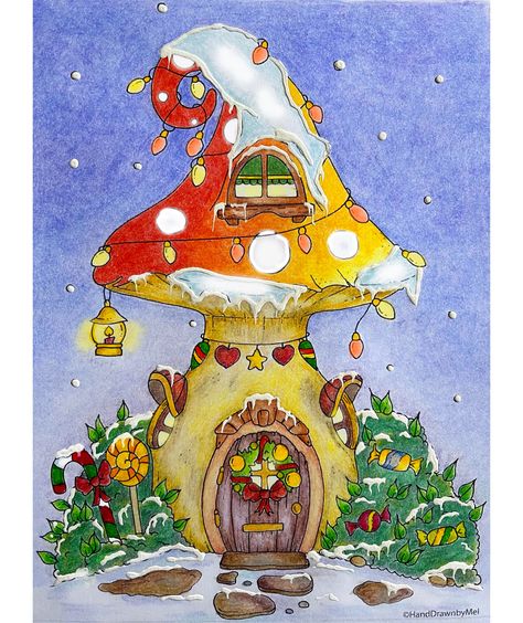 Sketchbook Topics, Christmas Mushroom Art, Watercolor Whimsy, Christmas Mushroom, Mushroom Fairy House, Christmas Nature, Fantasy Village, Zentangle Artwork, Mushroom Fairy