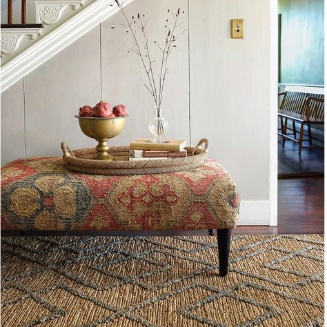 Annie Selke Home Pali Evergreen Tapered Tobacco Leg Rug Ottoman | Wayfair.ca Mosaic Rug, Patterned Ottoman, Upholstered Coffee Tables, Pastel Bedding, Rug Ottoman, Rectangle Ottoman, Annie Selke, Occasional Seating, Cocktail Ottoman