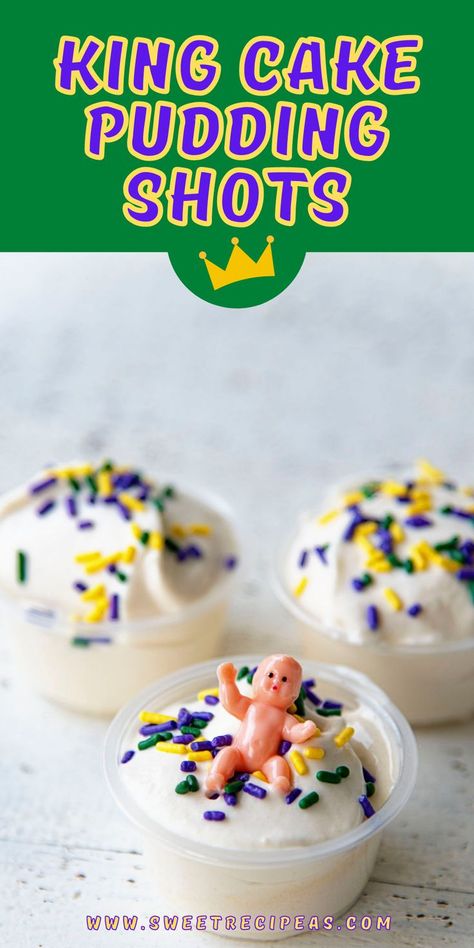 These King Cake Pudding Shots are a fun Mardi Gras themed pudding shot perfect for Fat Tuesday complete with plastic baby. For more recipes follow me here on Pinterest. King Cake Pudding Shots, King Cake Shots, Mardi Gras Pudding Shots, Mardi Gras Jello Shots, Mardi Gras Themed Food, Mardi Gras Shots Recipes, Fat Tuesday Party Food, Mardi Gras Punch, Fat Tuesday Recipes