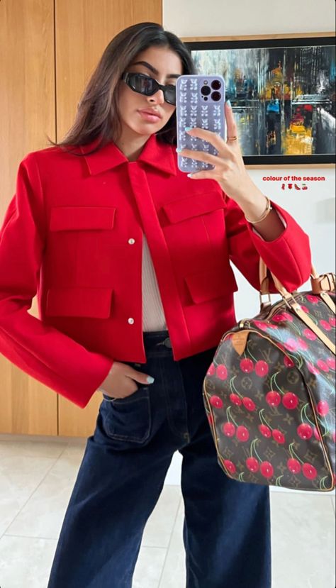 Red coat cherry red outfit jeans Red Coat Aesthetic, Cherry Red Outfit, Red Outfit Winter, Red Coat Outfit, Coat Aesthetic, Aesthetic Fall Outfits, Red Jacket Women, October Outfits, Red Outfits