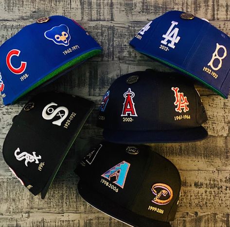 Image of various teams such as the Royal Brooklyn Dodgers, Black Arizona Diamondbacks, Navy California Angles and others in the Timeline concept. Each panel has a logo from a certain time period. Available at Hat Club. Culture Kings Hats, Streetwear Caps, Custom Fitted Hats, Swag Hats, Genos Wallpaper, Hat Club, Streetwear Essentials, New Era Hats, Graphic Tshirt Design