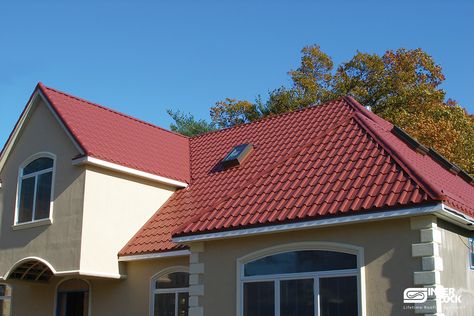 tile_roof_1 Maroon Metal Roof House Colors, Roof Shingle, Metal Roofing Systems, Red Roof House, Pergola Plans Design, Shingle Roof, Roof Tops, Metal Roofs, Modern Roofing