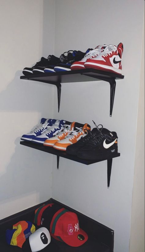 Sneakerhead Room, Sneaker Closet, Sneaker Displays, Mens Bedroom Decor, Hypebeast Room, Shoe Room, Shoes Wallpaper, Wooden Shoe Racks, Mens Bedroom