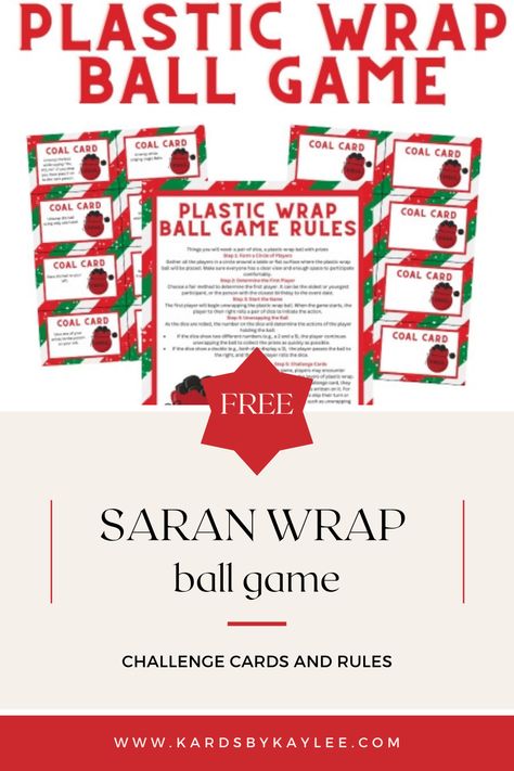 It's Christmas time and this is the most fun game to play at any party or get togther. Learn how to make your saran wrap ball filled with prizes and get FREE Coal Challenge Cards for an extra fun twist on this fun holiday party activity. Sarah Wrap Ball Game Gift Ideas, Sara Wrap Ball Game, Plastic Wrap Ball Game Prizes, Saran Ball Game, Saran Wrap Ball Game Prizes Ideas, Plastic Wrap Game, Christmas Saran Wrap Ball Game, Wrap Ball Game, Saran Wrap Ball