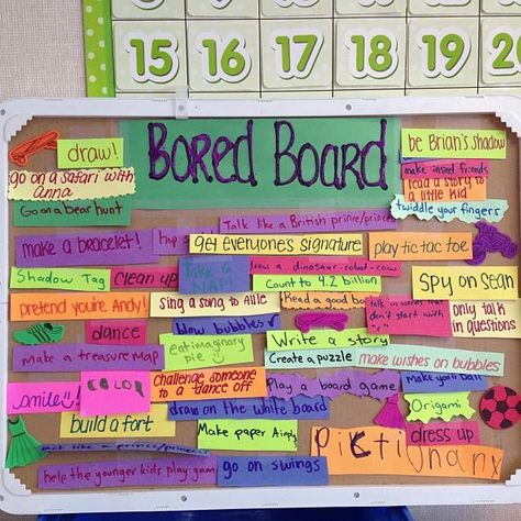 Are your kids bored? Create a "Board Bored" and brainstorm as many fun ideas as you can! This is a fun activity to do as a group and great to use anytime (school holidays, after school, or just hanging out on the weekends)! Afterschool Activities After School, School Age Bulletin Boards Ideas, Afterschool Room Ideas, Afterschool Club Ideas, Activities For After School Program, After School Care Program Ideas, After School Care Activities, After School Program Room Set Up, School Age Classroom