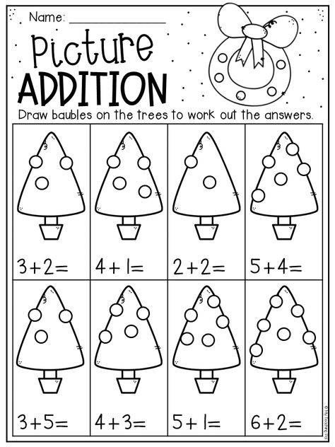 Christmas picture addition worksheet for Kindergarten. Students draw baubles on the tree to help them work out the answers. Christmas Preschool Math, Christmas Math Kindergarten Free, Christmas Addition Worksheets, Free Christmas Worksheets For Kindergarten, Maths Christmas Activities, Winter Projects For Kindergarten, Christmas Math Worksheets Preschool, Christmas Worksheets For Kindergarten, Christmas Worksheets For Kids 1st Grades