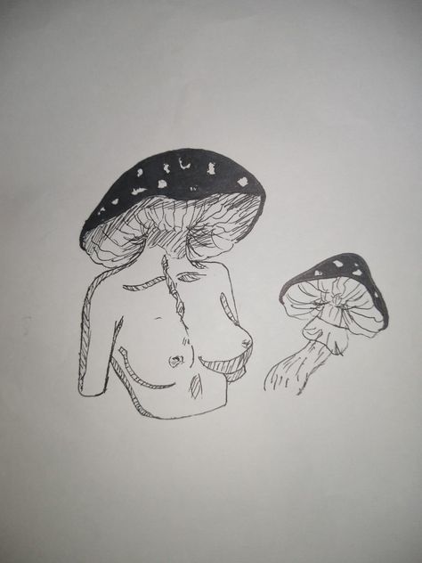 Mushroom Aesthetic Sketch, Mushroom Man Drawing, Mushroom Person Drawing, Mushroom Drawing Hippie, Creepy Mushrooms Drawing, Mushroom Lady Drawing, Drawings Mushroom Fairy, Mushrooms Coming Out Of Head Drawing, Mushroom Woman