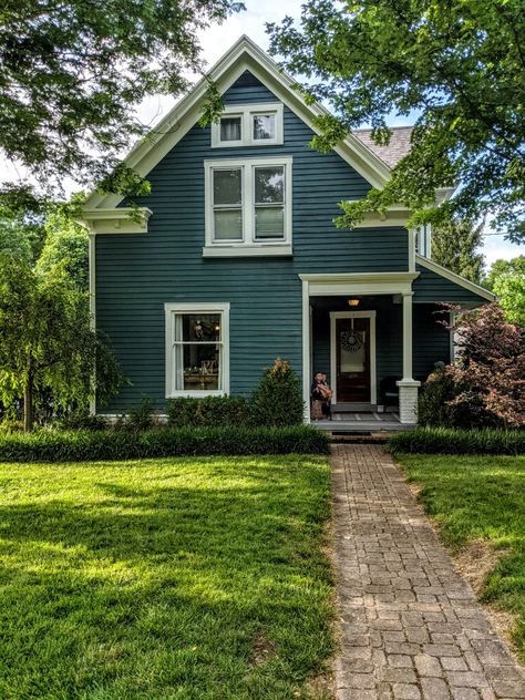 Midwestern Home Exterior, Dusty Teal House Exterior, Dark Teal Exterior House, Greenish Blue Exterior House Colors, Old House Colors Exterior, Exterior House Colors With Gray Roof, Teal Exterior House, Blue Green House Exterior, Green Painted Houses