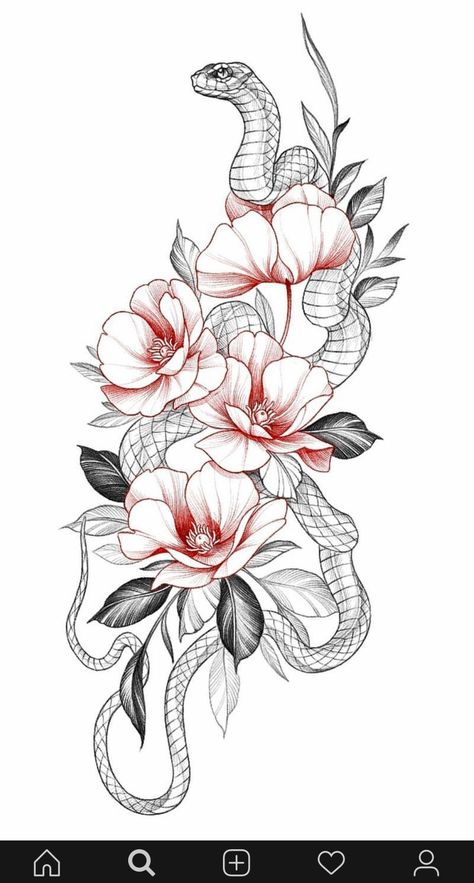 Red Snake Tattoo Design, Floral Tattoo Sketch, Red Snake Tattoo, Tattoos Cover Up, Snake And Flowers Tattoo, Snake And Flowers, Cobra Tattoo, Snake Tattoo Design, Red Snake