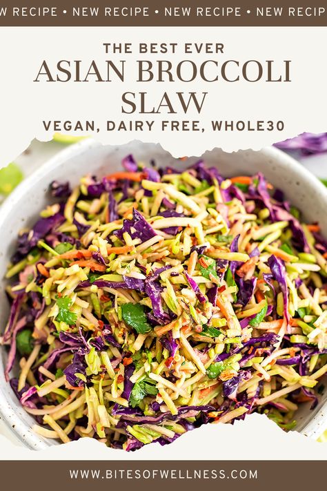 Add a touch of flavor to your cookouts, BBQs, and weeknight meals with this quick and easy sesame Asian broccoli slaw recipe. This dish complements Asian-inspired meals perfectly and is ideal for meal prep. Additionally, it is vegan, gluten-free, dairy-free, Whole30, and paleo-friendly! Salmon Tofu, Asian Broccoli Slaw, Ginger Broccoli, Broccoli Slaw Recipe, Broccoli Slaw Salad, Broccoli Slaw Recipes, Asian Broccoli, Burgers Chicken, Slaw Salad