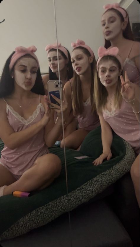 girls sleepover, matching pjs, facemasks Slumber Party Room, Skin Care Sleepover, Girls Slumber Party Aesthetic, Self Care Sleepover, Galentines Sleepover Aesthetic, Pink Sleepover Aesthetic, Sleepover Sweet 16, Pink Birthday Sleepover, Mean Girls Sleepover