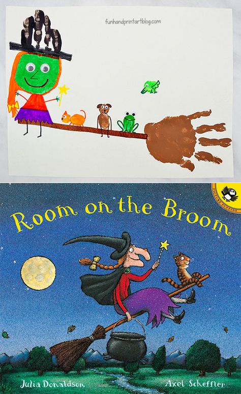 Cute Witch And Broom Hand Craft Inspired By Room On The Broom Story #Halloween #halloweencrafts #kidscrafts #funhandprintartblog #HandprintHolidays #witch #childrensbooks #thumbprint Room On The Broom Craft, Broom Craft, Fun Room, Room On The Broom, Halloween Kindergarten, Halloween Preschool, Fall Preschool, Halloween Books, Halloween Crafts For Kids