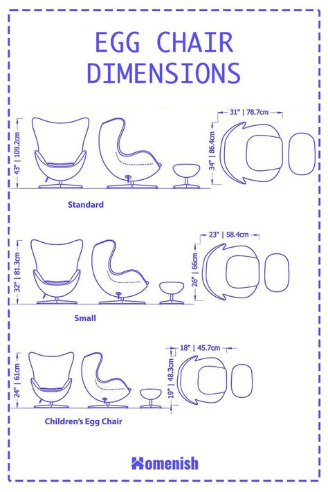 While egg chairs share the same shape, they come in a range of different sizes, which can make choosing the right egg chair a challenge. A standard egg chair has dimensions of around 43 inches in height, 34 inches in width, and 31 inches in depth, though this can vary between each model. Chair Sketch, Egg Shaped Chair, Egg Chairs, How To Make Eggs, Cracked Egg, Chair Dimensions, Workplace Design, Egg Shape, Egg Chair